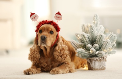 Photo of Adorable Cocker Spaniel dog in Santa headband near decorative Christmas tree
