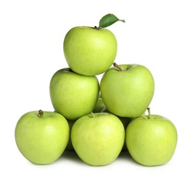 Delicious ripe green apples on white background