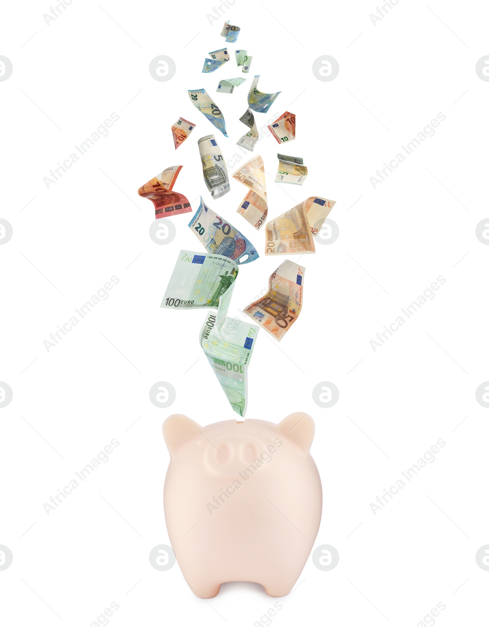 Image of Euro banknotes falling into beige piggy bank on white background