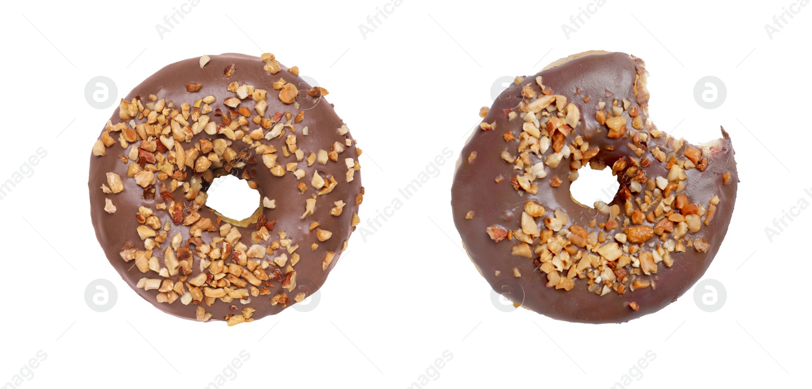 Image of Whole and bitten tasty donuts with sprinkles isolated on white