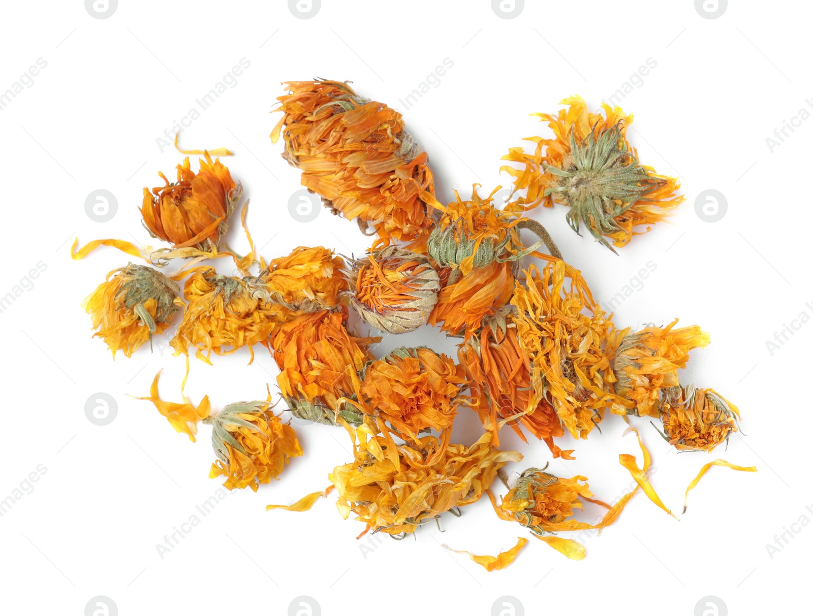 Photo of Pile of dry calendula flowers on white background, top view