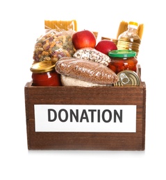 Donation box full of different products on white background