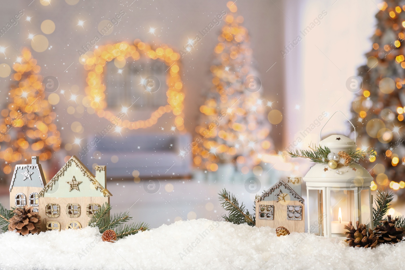 Image of Composition with Christmas lantern in decorated room