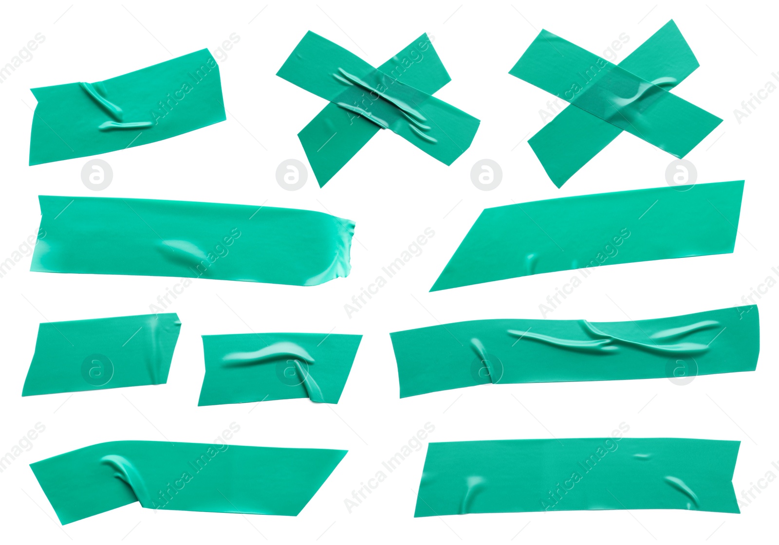 Image of Collage with pieces of green insulating tape on white background, top view