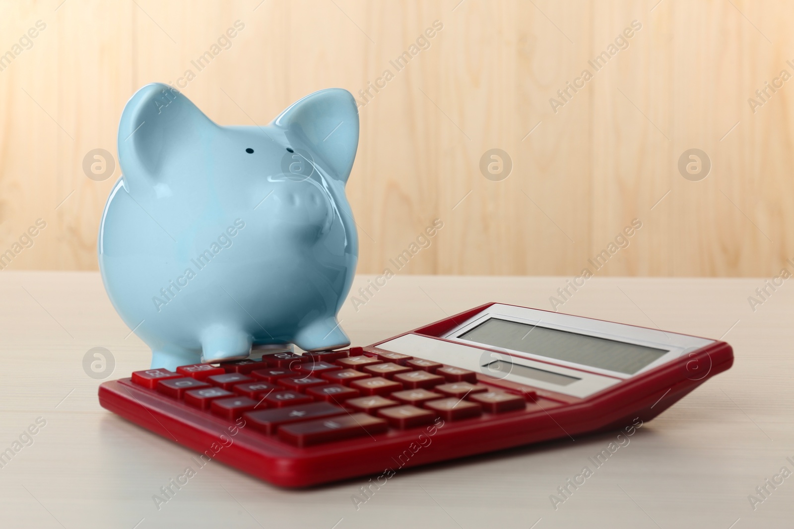 Photo of Calculator and piggy bank on light table