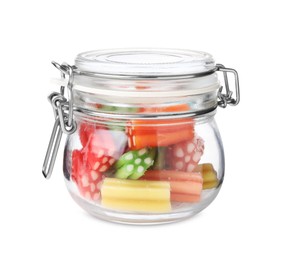 Photo of Tasty jelly candies in jar on white background