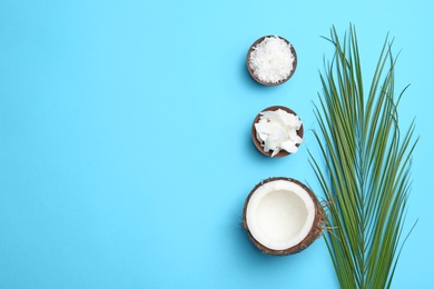 Photo of Composition with coconut flakes on color background, top view