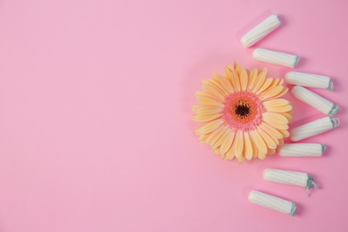 Photo of Flat lay composition with tampons and flower on color background. Gynecological checkup