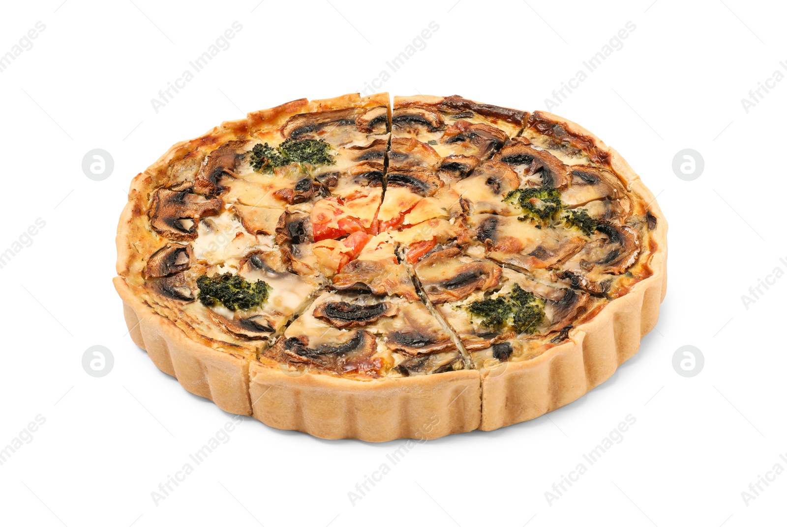 Photo of Delicious quiche with mushrooms isolated on white