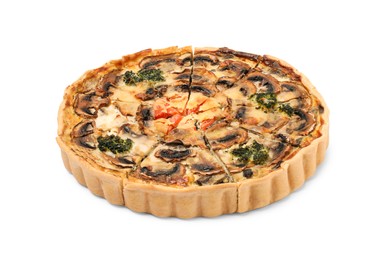 Delicious quiche with mushrooms isolated on white