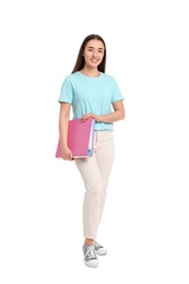 Photo of Happy woman with folder on white background