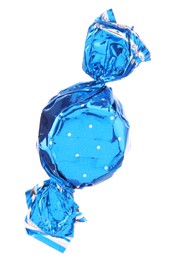 Photo of Candy in light blue wrapper isolated on white