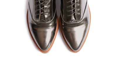 Photo of Elegant shoes on white background, top view. Stylish footwear