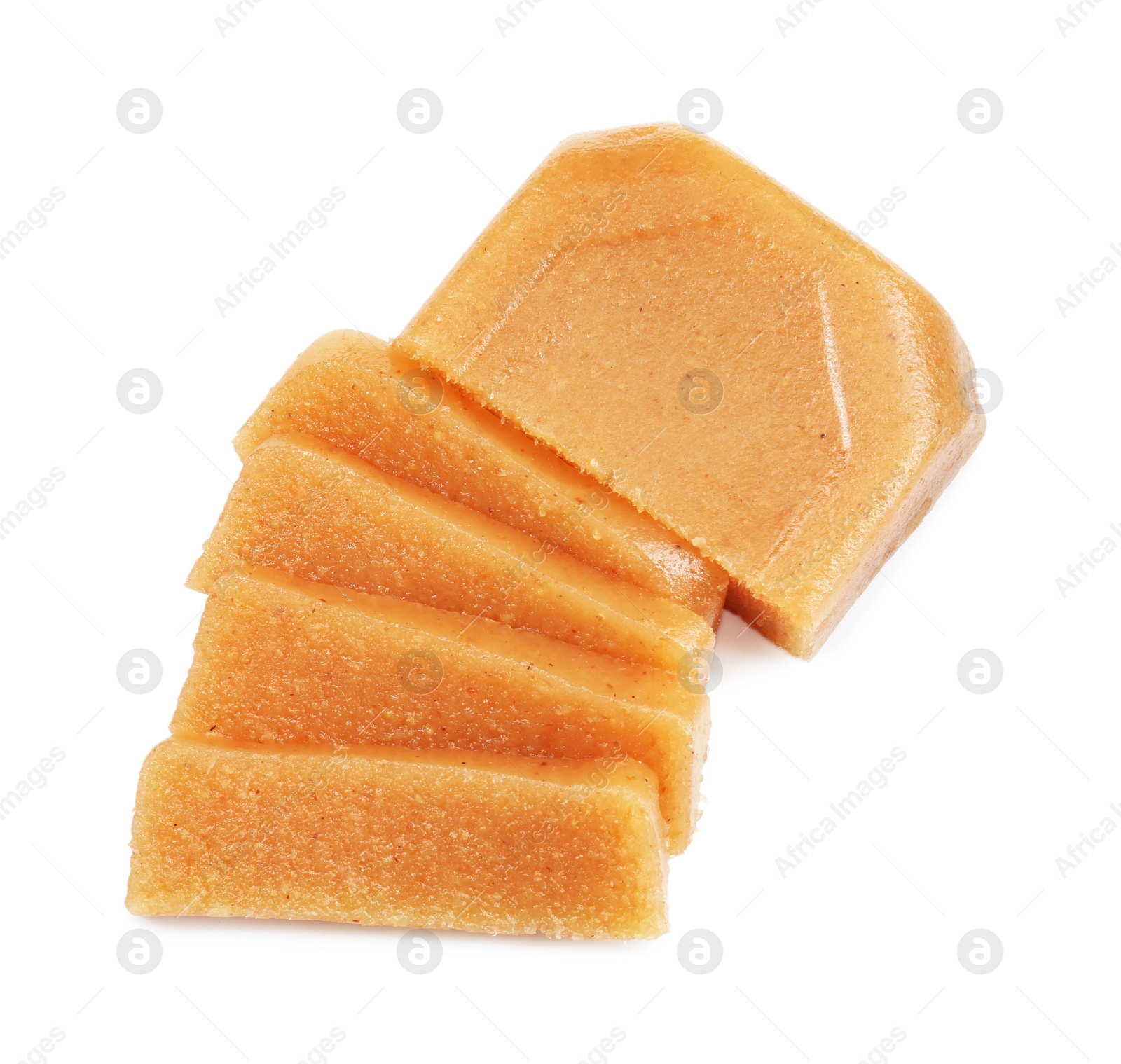 Photo of Delicious sweet quince paste and isolated on white, top view