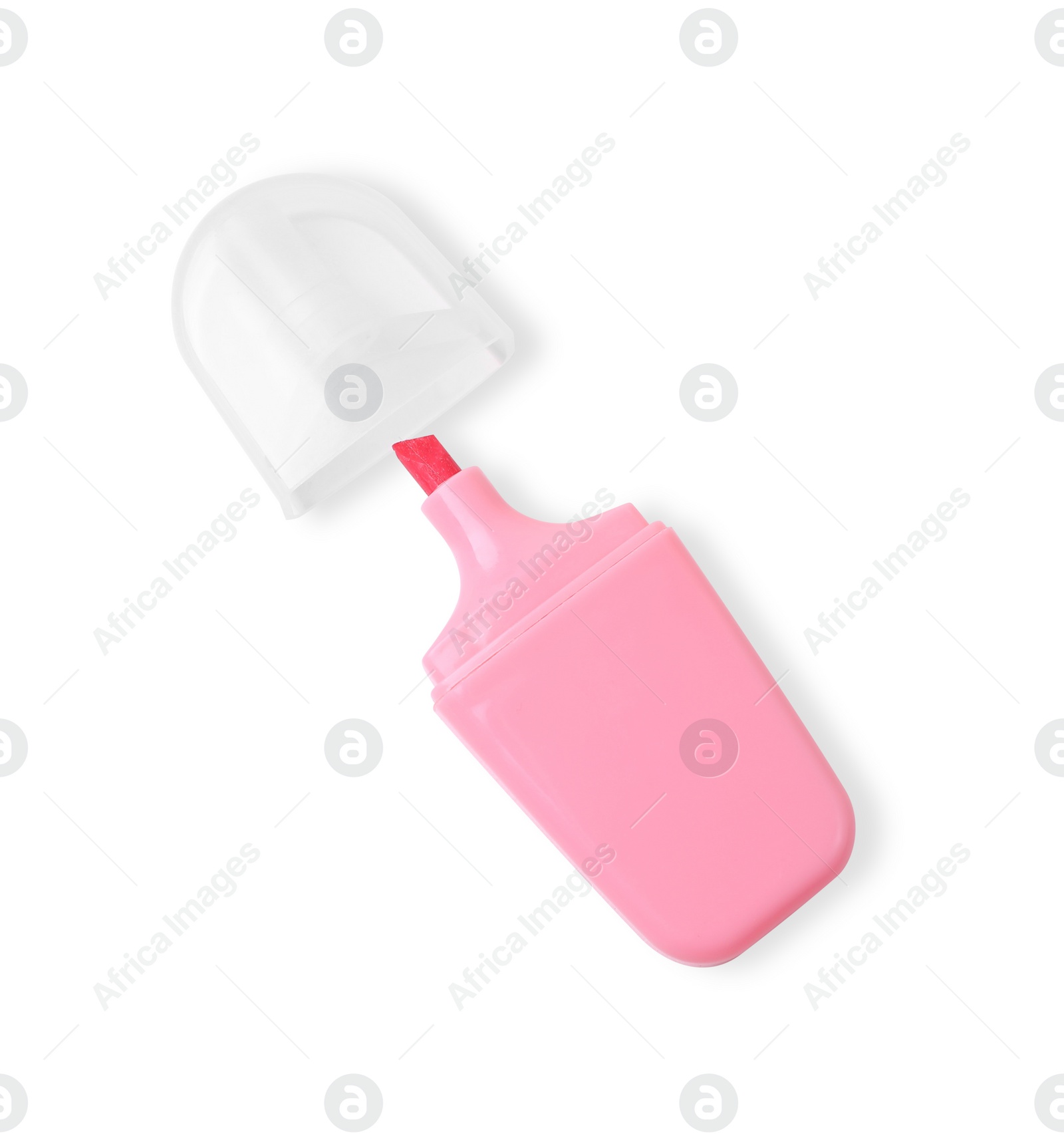 Photo of One pink marker on white background, top view