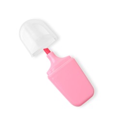 Photo of One pink marker on white background, top view