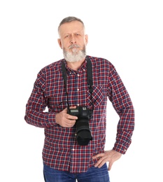 Photo of Mature male photographer with camera on white background
