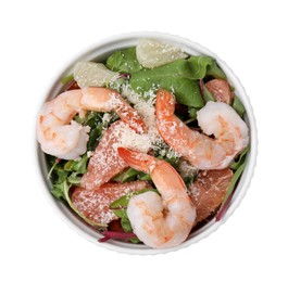 Photo of Delicious salad with pomelo, shrimps and tomatoes in bowl on white background, top view