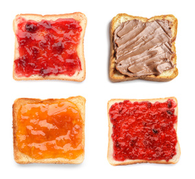 Image of Set of toasted bread with different toppings on white background, top view 