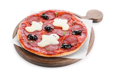 Photo of Cute Halloween pizza with ghosts and spiders on white background
