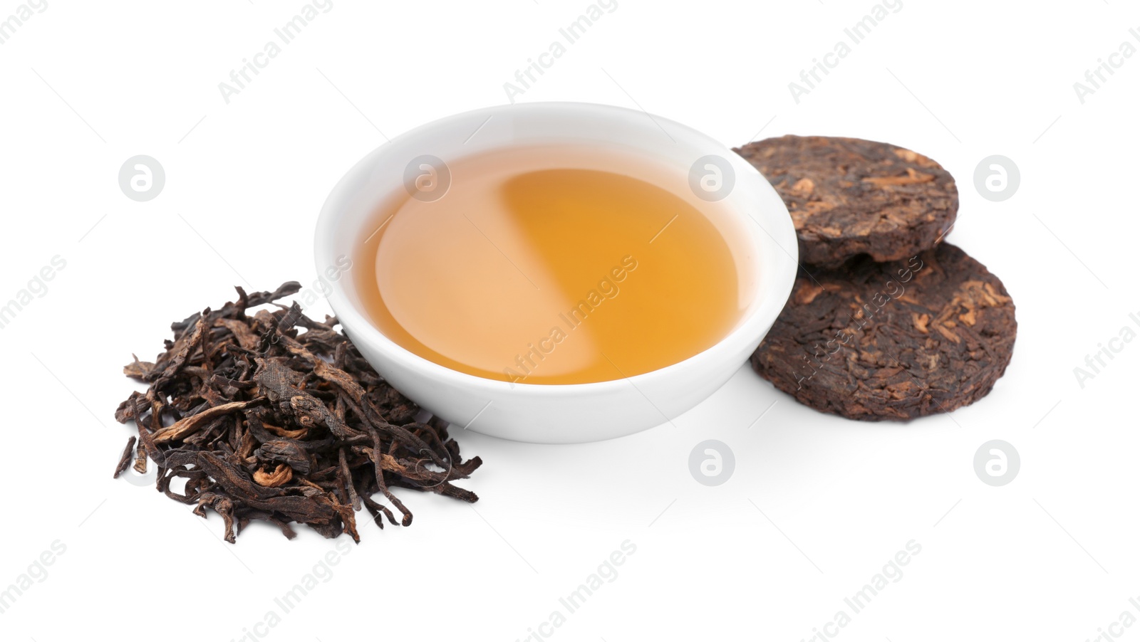 Photo of Traditional Chinese pu-erh tea and freshly brewed beverage isolated on white