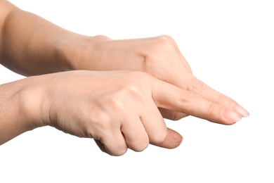 Photo of Woman showing word same on white background, closeup. Sign language