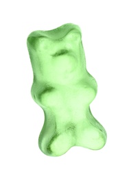 Photo of Delicious green jelly bear on white background