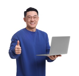 Photo of Happy man with laptop showing thumb up on white background