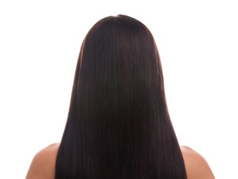 Photo of Woman with healthy hair on white background, back view