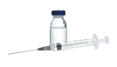 Photo of Syringe with vial of medicine isolated on white