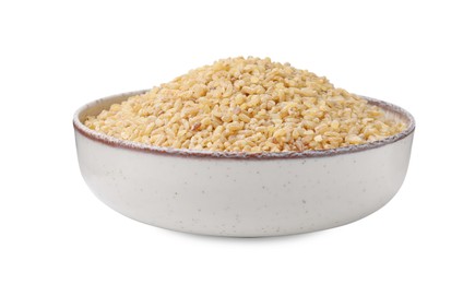 Photo of Raw bulgur in bowl isolated on white