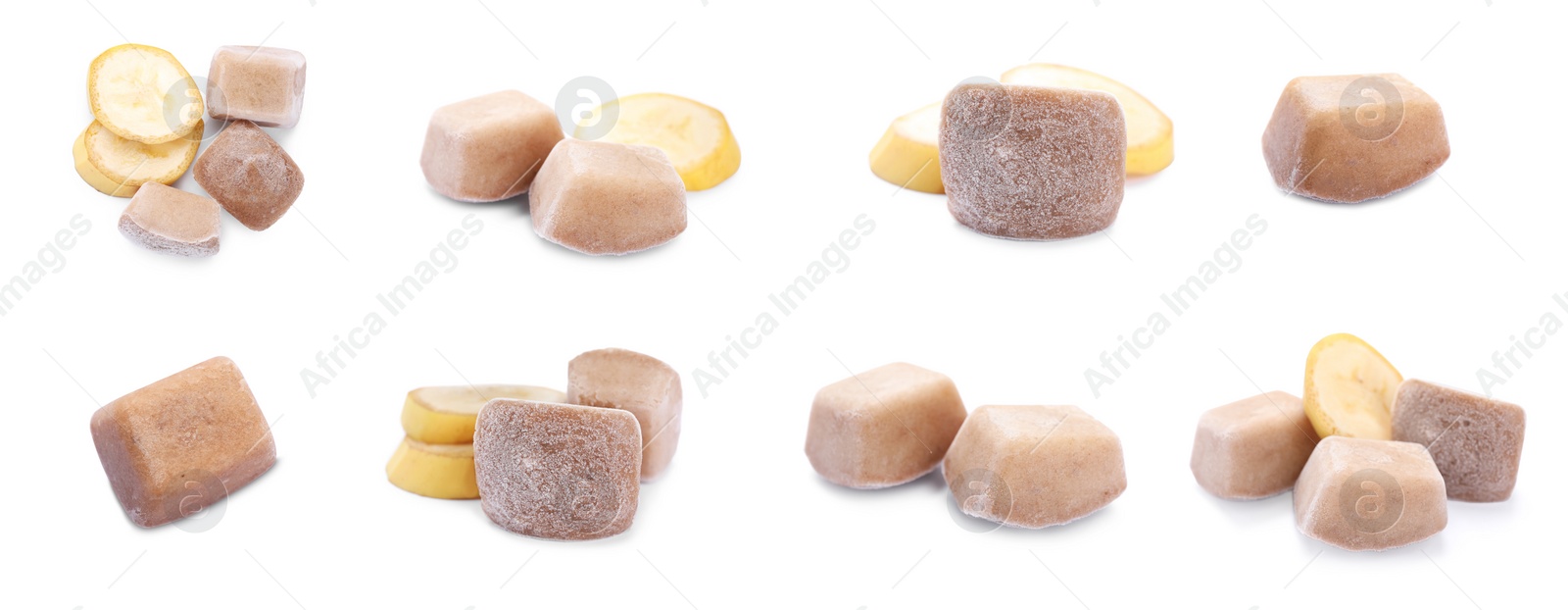 Image of Set with frozen bananas puree cubes and ingredients on white background, banner design