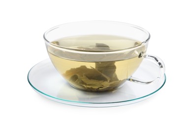 Photo of Refreshing green tea in cup isolated on white