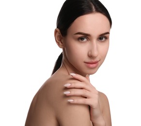 Photo of Portrait of beautiful young woman on white background