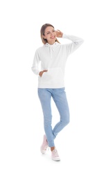 Photo of Full length portrait of woman in hoodie sweater on white background. Space for design