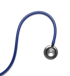 Photo of Modern stethoscope on white background, top view