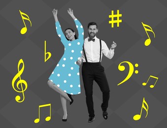 Image of Happy couple dancing on bright background. Creative collage with stylish man and woman. Concept of music, party, fashion, lifestyle
