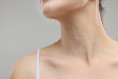Photo of Beauty concept. Woman on grey background, closeup