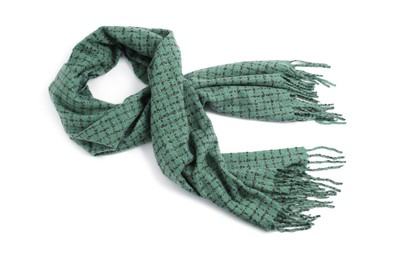 Photo of One beautiful green scarf on white background, above view