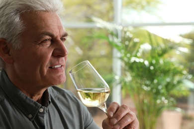 Photo of Senior man with glass of wine indoors. Space for text