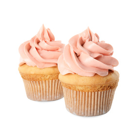 Photo of Delicious birthday cupcakes decorated with cream on white background