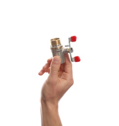 Photo of Male plumber holding water valve on white background, closeup
