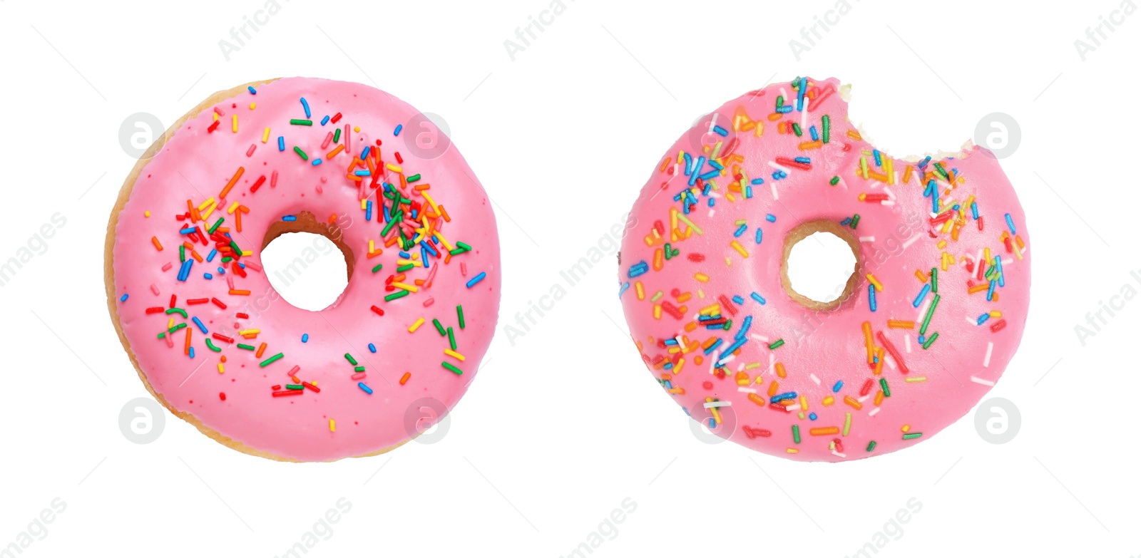 Image of Whole and bitten tasty donuts with sprinkles isolated on white