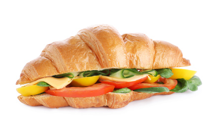 Photo of Tasty vegetarian croissant sandwich isolated on white