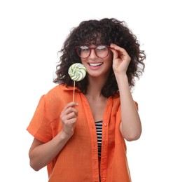 Photo of Beautiful woman with lollipop on white background