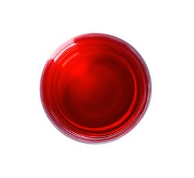Photo of Tasty refreshing cranberry juice in glass isolated on white, top view