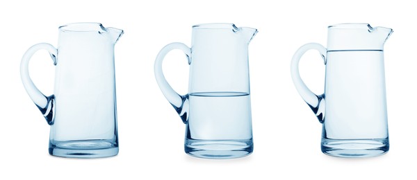 Image of Glass jug isolated on white, collage with empty, semi filled and full