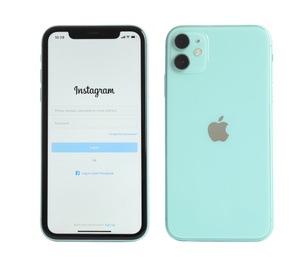Image of MYKOLAIV, UKRAINE - JULY 07, 2020: New modern iPhone 11 with Instagram app on screen against white background, back and front views