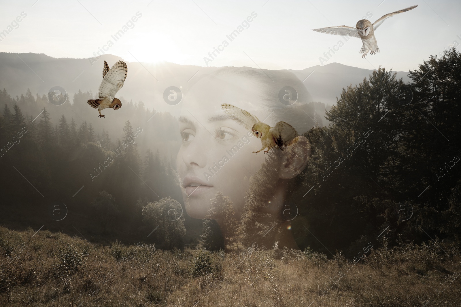 Image of Double exposure of pretty woman and mountain landscape. Beauty of nature