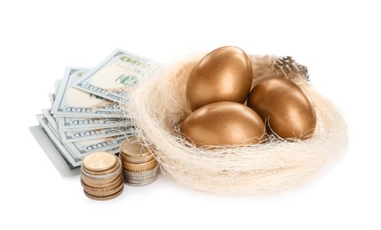 Photo of Many golden eggs in nest and money on white background. Pension concept